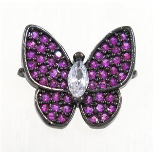 copper butterfly connector paved hotpink zircon, black plated, approx 13-14mm