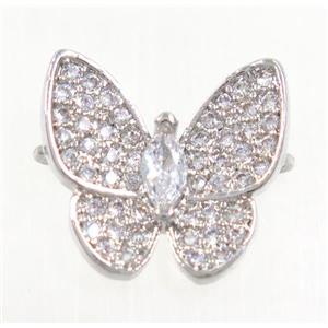 copper butterfly connector paved zircon, platinum plated, approx 13-14mm