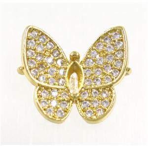 copper butterfly connector paved zircon, gold plated, approx 13-14mm