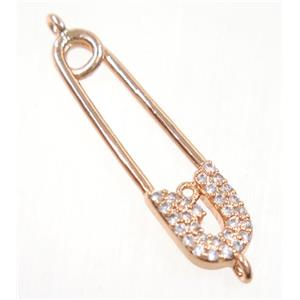 copper safety pin connector paved zircon, rose gold, approx 7-27mm