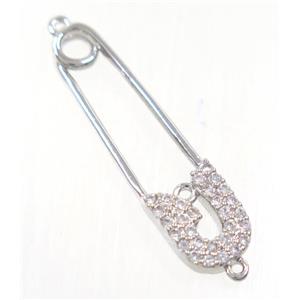 copper safety pin connector paved zircon, platinum plated, approx 7-27mm