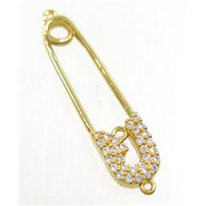 copper safety pin connector paved zircon, gold plated, approx 7-27mm