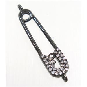 copper safety pin connector paved zircon, black plated, approx 7-27mm