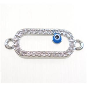 copper oval connector paved zircon with evil eye, platinum plated, approx 7x15mm