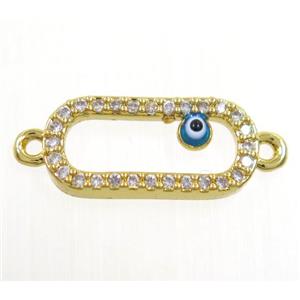 copper oval connector paved zircon with evil eye, gold plated, approx 7x15mm