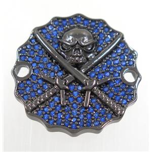 copper Jolly Roger connector paved blue zircon, black plated, approx 22mm dia