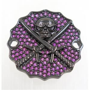 copper Jolly Roger connector paved hotpink zircon, black plated, approx 22mm dia