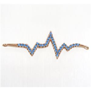 copper cardiogram connector paved zircon, rose gold, turq, approx 12x30mm