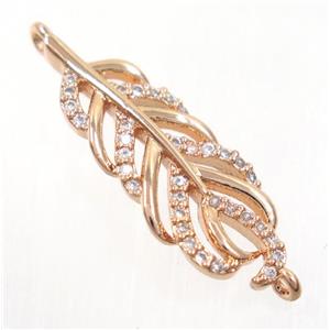 copper feather connector paved zircon, rose gold, approx 10x25mm