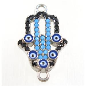 copper hamsahand connector paved zircon with evil eye, platinum plated, approx 14x18mm