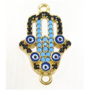 copper hamsahand connector paved zircon with evil eye, gold plated, approx 14x18mm