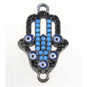 copper hamsahand connector paved zircon with evil eye, black plated, approx 14x18mm