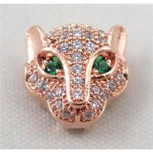 copper leopardhead beads paved zircon, rose gold, approx 11x11mm