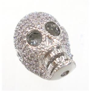 copper skull beads paved zircon, platinum plated, approx 12x17mm