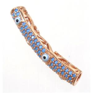 copper tube beads paved zircon with evil eye, turq, rose gold, approx 5x28mm