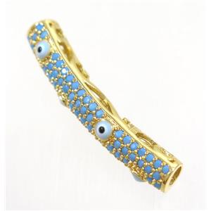 copper tube beads paved zircon with evil eye, turq, gold plated, approx 5x28mm