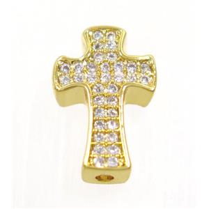copper cross beads paved zircon, gold plated, approx 9x14mm