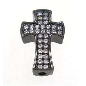 copper cross beads paved zircon, black plated, approx 9x14mm