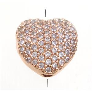 copper heart beads paved zircon, rose gold, approx 10mm dia