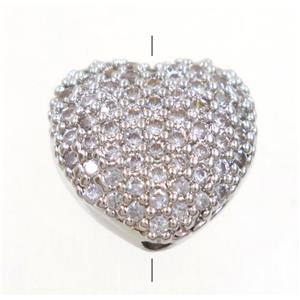 copper heart beads paved zircon, platinum plated, approx 10mm dia