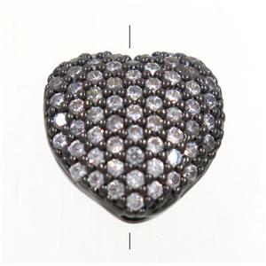 copper heart beads paved zircon, black plated, approx 10mm dia
