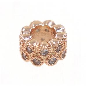 copper rondelle beads paved zircon, rose gold, approx 8mm dia, 4mm hole