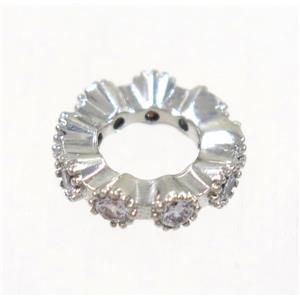 copper rondelle bead paved zircon, platinum plated, approx 11mm dia, 5mm hole
