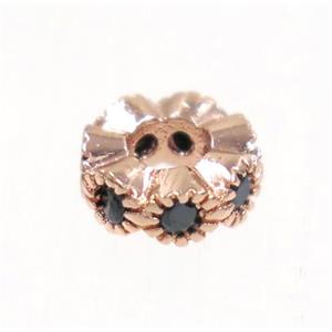 copper rondelle bead paved zircon, rose gold, approx 6mm dia, 2.5mm hole