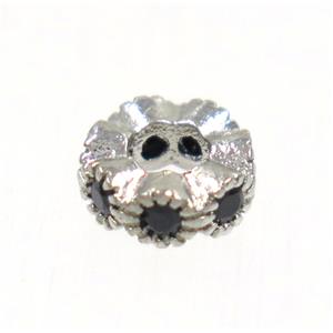 copper rondelle bead paved zircon, platinum plated, approx 6mm dia, 2.5mm hole