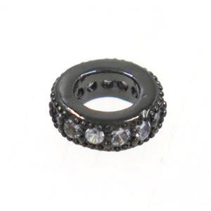 copper rondelle beads paved zircon, black plated, approx 6mm dia, 3mm hole