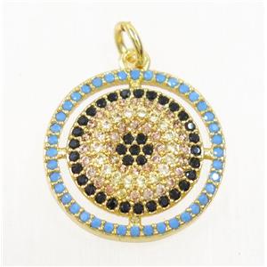 copper circle pendant paved zircon, gold plated, approx 18mm dia