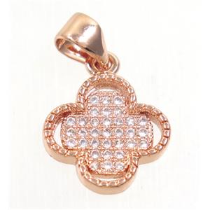 copper pendant paved zircon, four leaf Clover, rose gold, approx 12mm dia