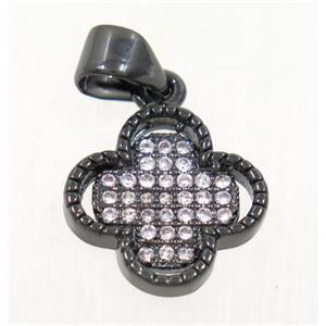 copper pendant paved zircon, four leaf Clover, black plated, approx 12mm dia
