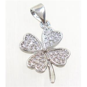 copper pendant paved zircon, four-leaf Clover, platinum plated, approx 14mm dia