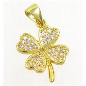 copper pendant paved zircon, four-leaf Clover, gold plated, approx 14mm dia