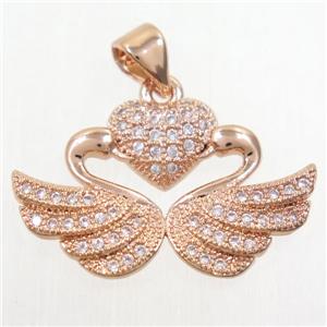 copper swan pendant paved zircon, rose gold, approx 15-24mm