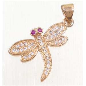 copper dragonfly pendant paved zircon, rose gold, approx 16-19mm