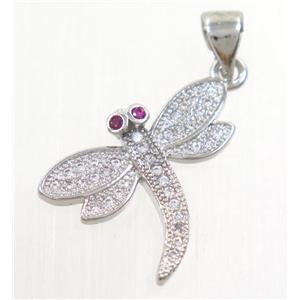 copper dragonfly pendant paved zircon, platinum plated, approx 16-19mm