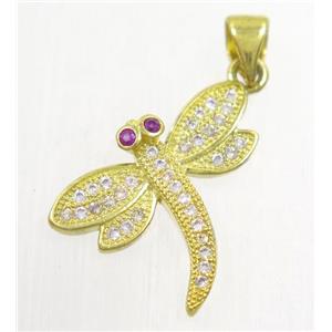 copper dragonfly pendant paved zircon, gold plated, approx 16-19mm