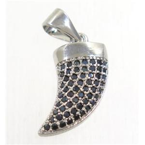 copper horn pendant paved zircon, platinum plated, approx 8-14mm