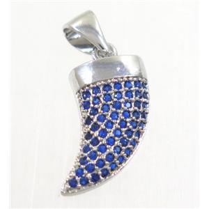 copper horn pendant paved blue zircon, platinum plated, approx 8-14mm