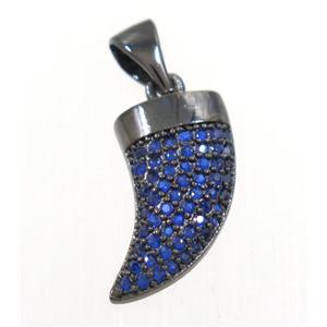 copper horn pendant paved blue zircon, black plated, approx 8-14mm
