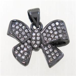copper Bowknot pendant paved zircon, black plated, approx 13-17mm