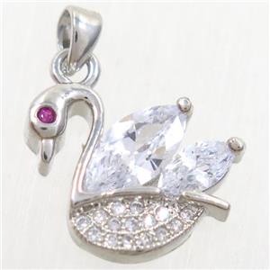 copper swan pendant paved zircon, platinum plated, approx 12-16mm