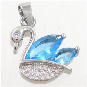 copper swan pendant paved blue zircon, platinum plated, approx 12-16mm