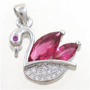 copper swan pendant paved red zircon, platinum plated, approx 12-16mm