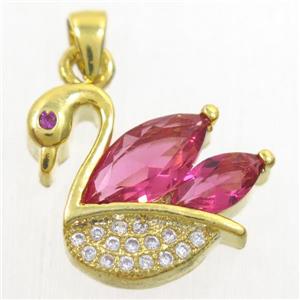 copper swan pendant paved red zircon, gold plated, approx 12-16mm