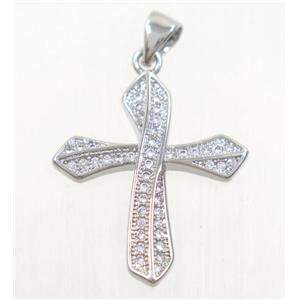 copper cross pendant paved zircon, platinum plated, approx 20x23mm