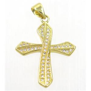 copper cross pendant paved zircon, gold plated, approx 20x23mm