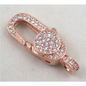 copper Lobster Clasp paved zircon, rose gold, approx 10x24mm